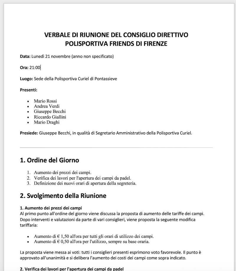 Anteprima del verbale di riunione generato da AudioSense